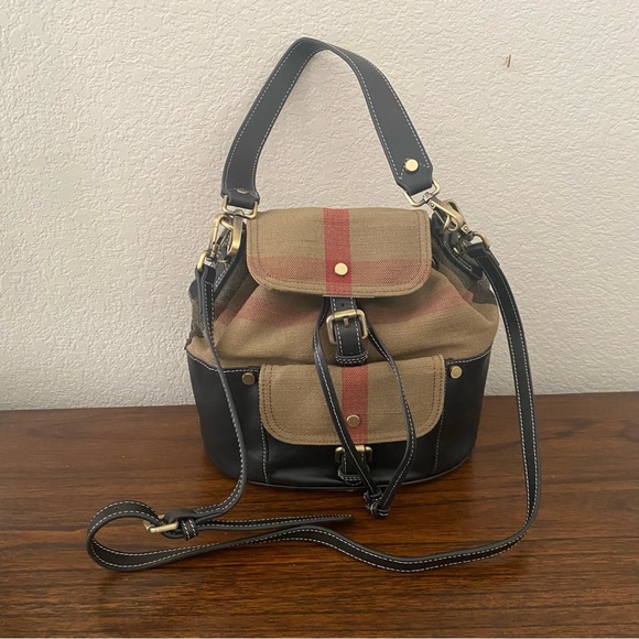 Black Leather Canvas Nova Check Plaid Bucket Crossbody Bag Drawstring Satchel - Picture 2 of 14